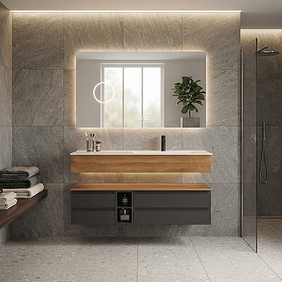 Aquanil Vision Banyo Dolap Takımı 120cm Antrasit-Kayın - AQUANİL