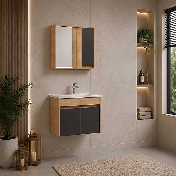 Kalay Alaska Banyo Dolabı Takımı 65cm Meşe - 1