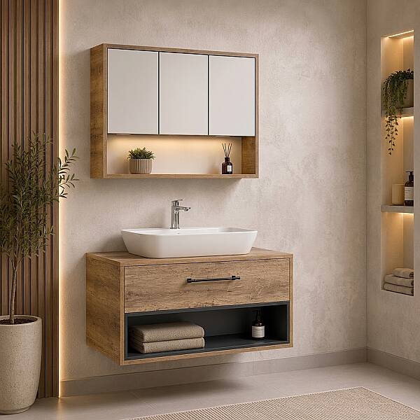 Kalay Nova Banyo Dolabı Takımı 100cm Sacromento Meşe - 1