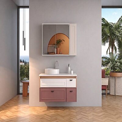 Shower Trio Banyo Dolabı 100cm Gül Kurusu-Beyaz - SHOWER