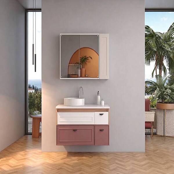 Shower Trio Banyo Dolabı 100cm Gül Kurusu-Beyaz - 1