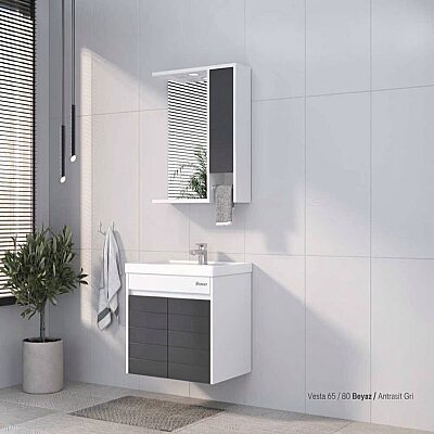 Shower Vesta Banyo Dolabı 65cm Beyaz-Antrasit Gri - SHOWER
