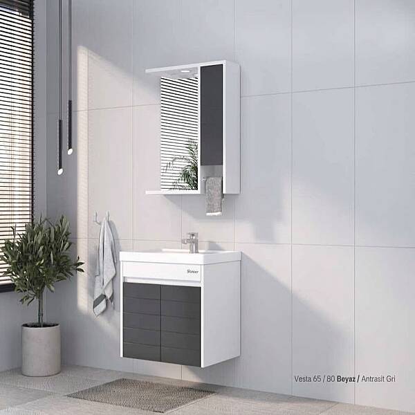 Shower Vesta Banyo Dolabı 65cm Beyaz-Antrasit Gri - 1
