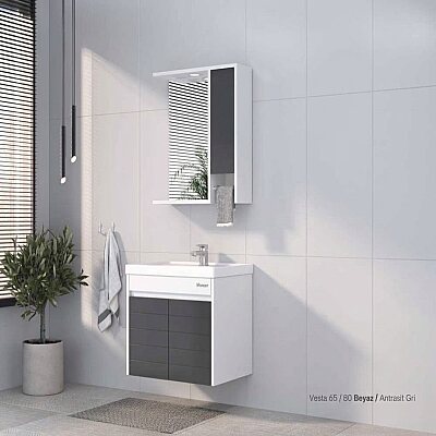 Shower Vesta Banyo Dolabı 80cm Beyaz-Antrasit Gri - SHOWER